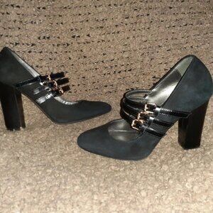 NAVYBOOT-Italy-Black Suede/Leather 3 Strap Mary Jane Pumps-Sz 36-Near Mint
